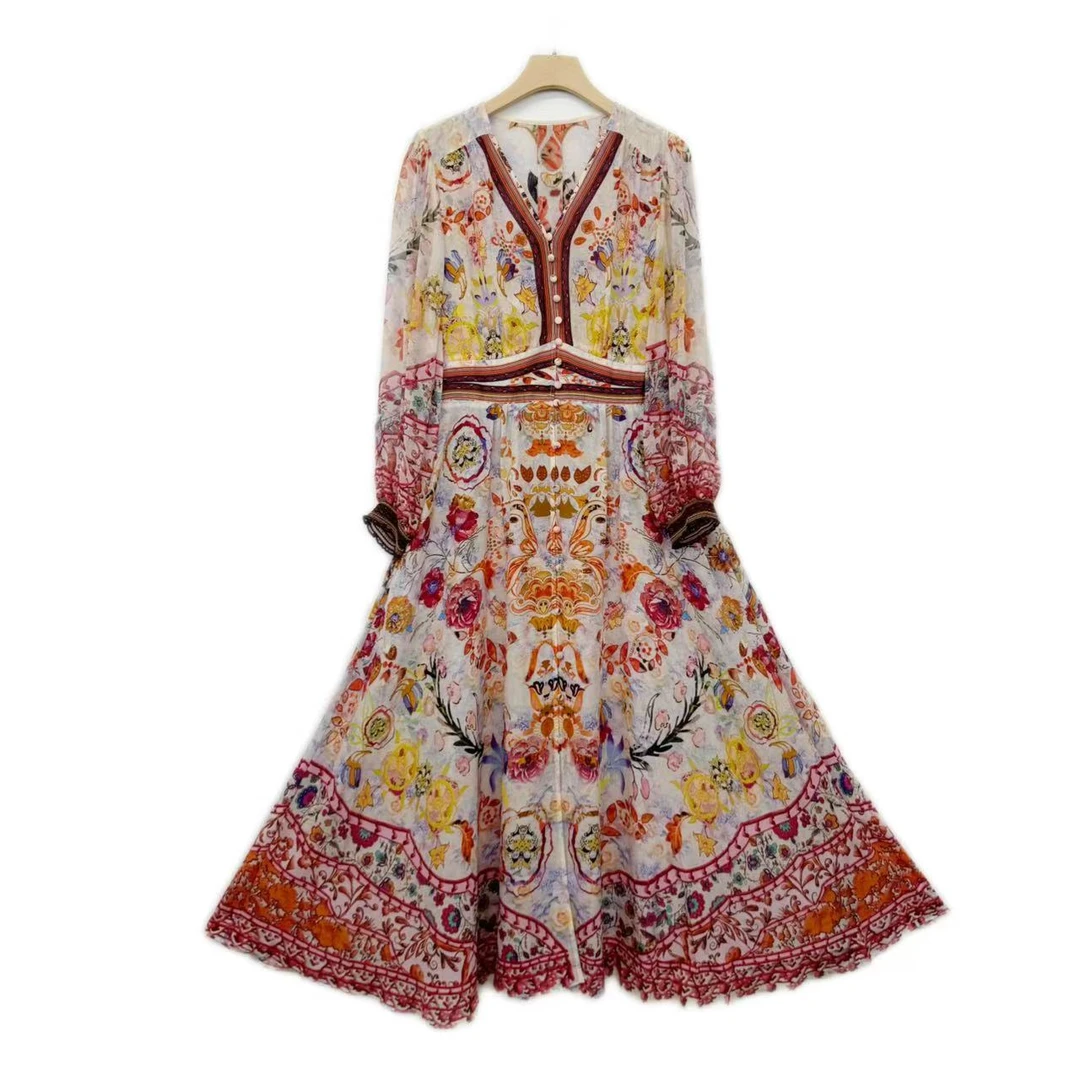 【多米拉】00525-7桑蚕丝宽松连衣裙大码印花修身时尚高贵