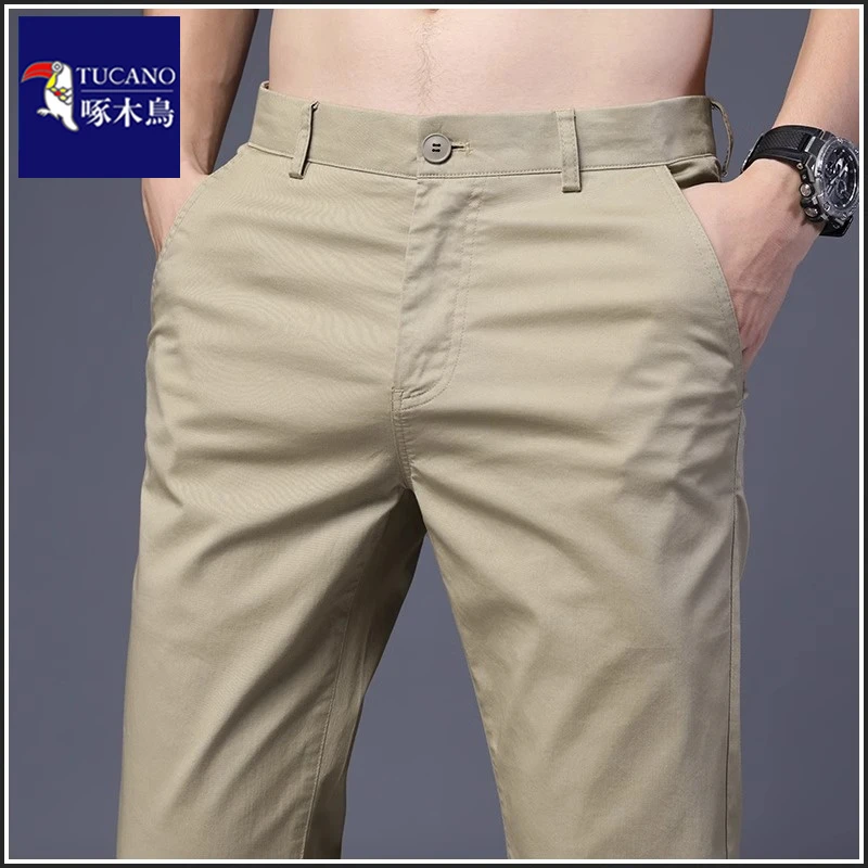 啄木鸟休闲裤男2025秋季新款弹力直筒修身卡其色男士商务西装裤子
