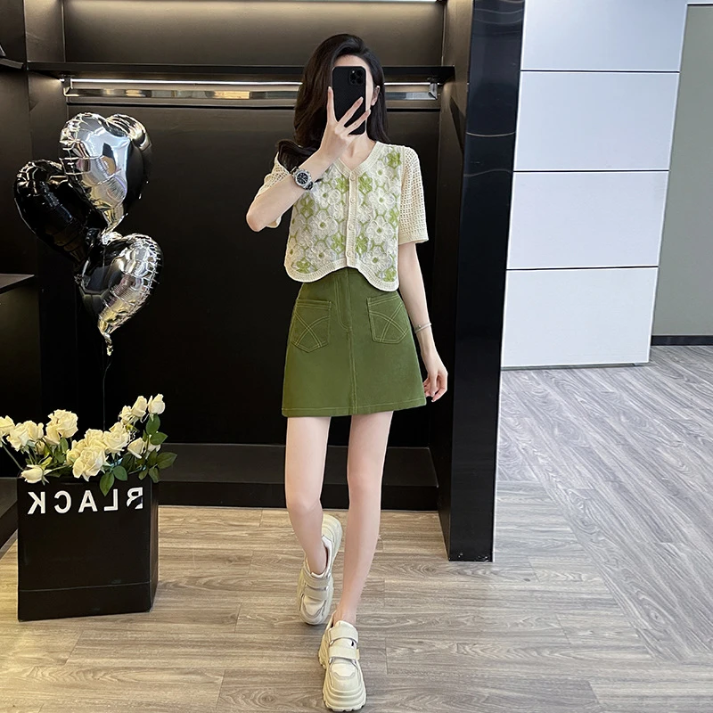 YY法式新款正肩短款钩花镂空领短袖针织恤女牛仔半身裙套装其他SM