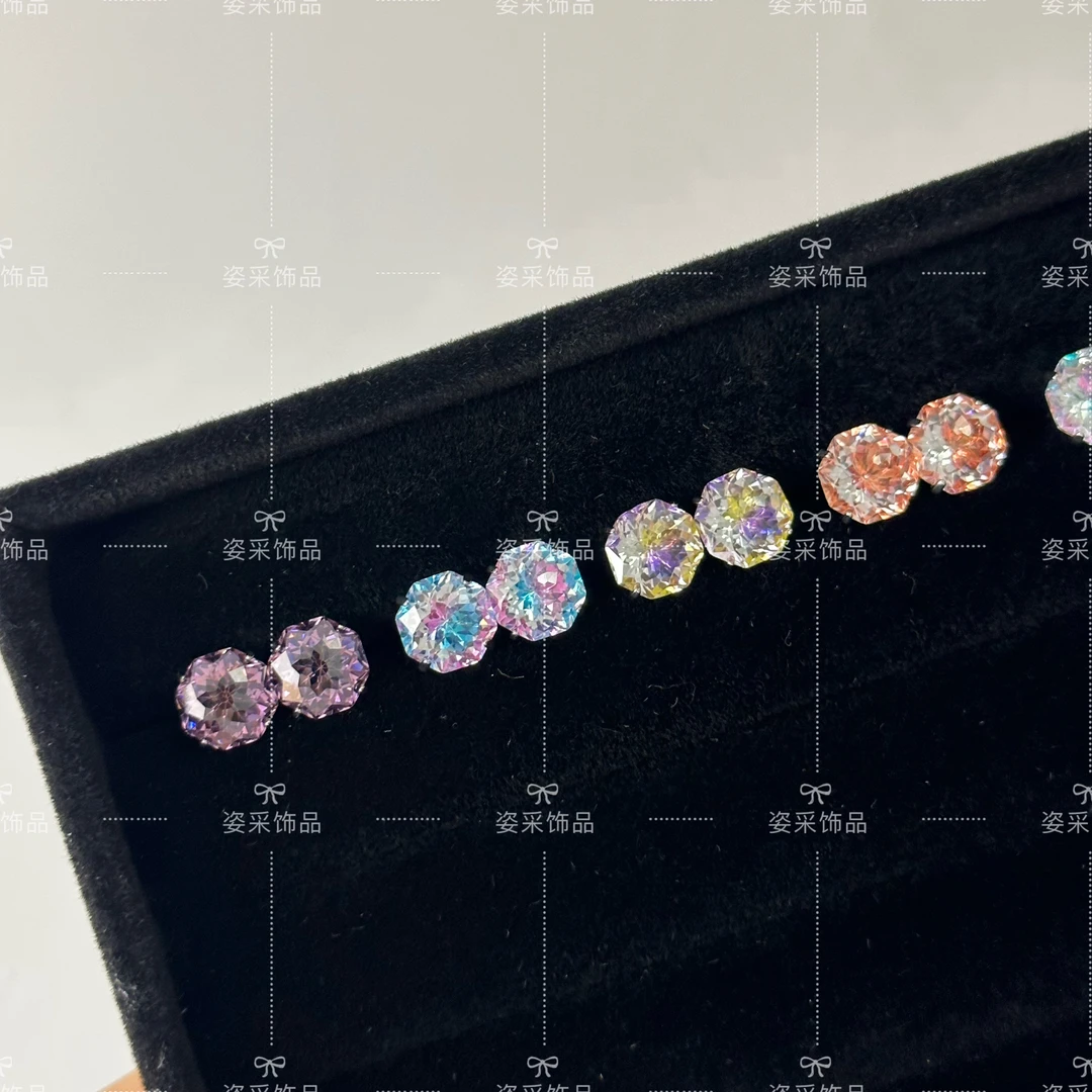 钛合金锆石耳饰 钛合金内螺旋手捧花耳钉碗托爆闪彩色锆石耳窝钉