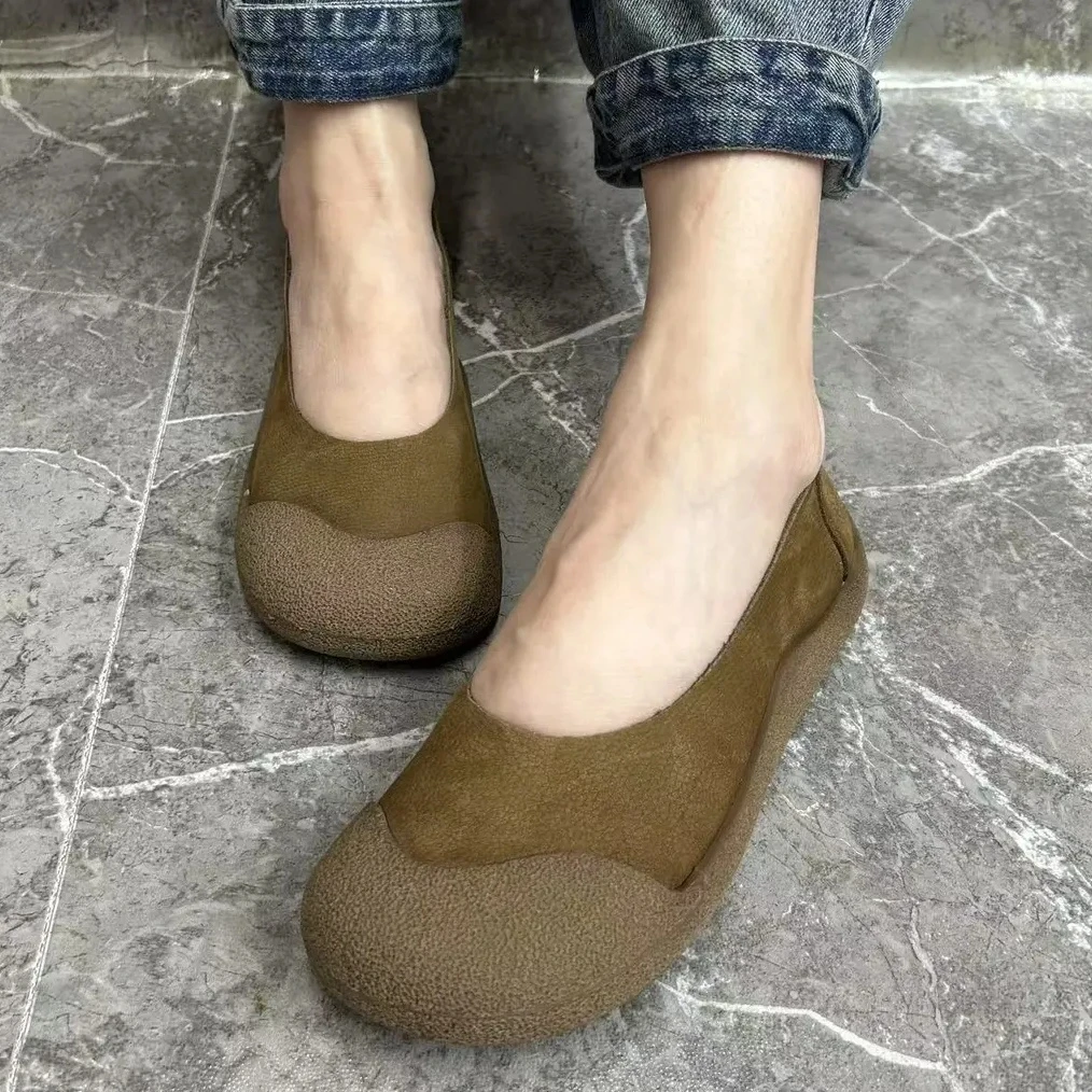1027-2新品时尚牛皮包头软底舒适百搭低邦浅口休闲女鞋真皮复古