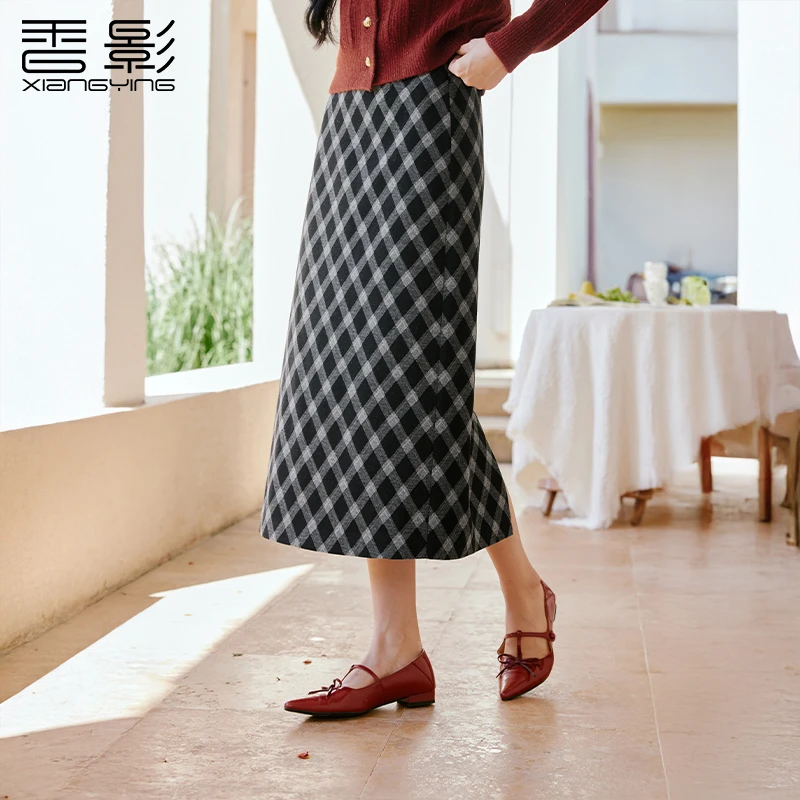 【直播专享】R85A661香影黑色复古学院风格子半身裙女2025秋季新