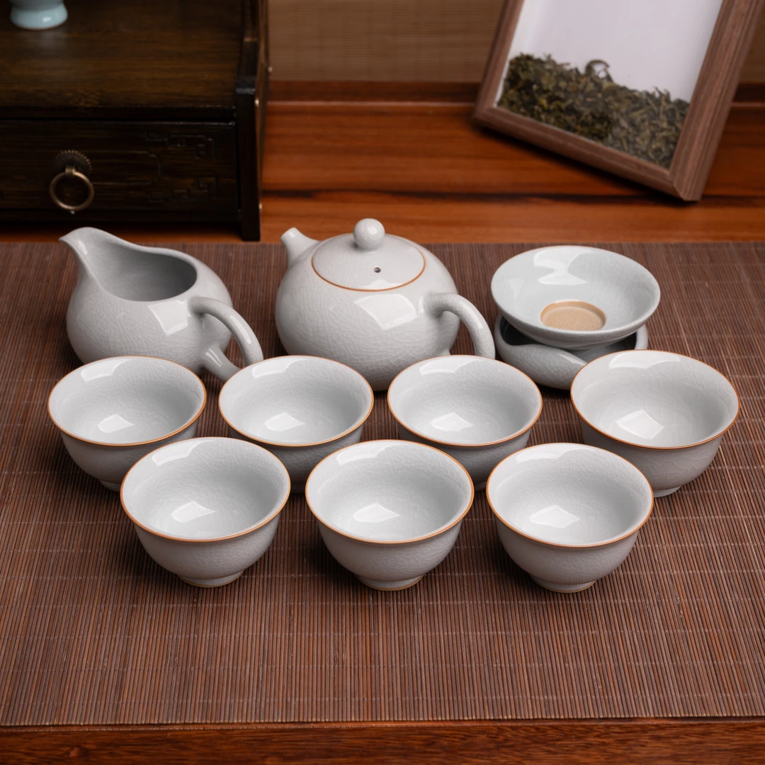 赵运圈月白釉西施壶汝瓷茶具套装 汝瓷大师赵运圈汝窑茶具直播间