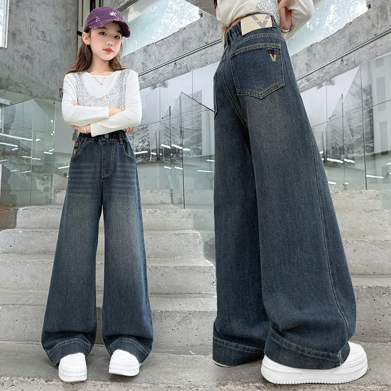 女童牛仔阔腿裤春秋款2025新款中大童时髦显瘦直筒裤秋装儿童裤子