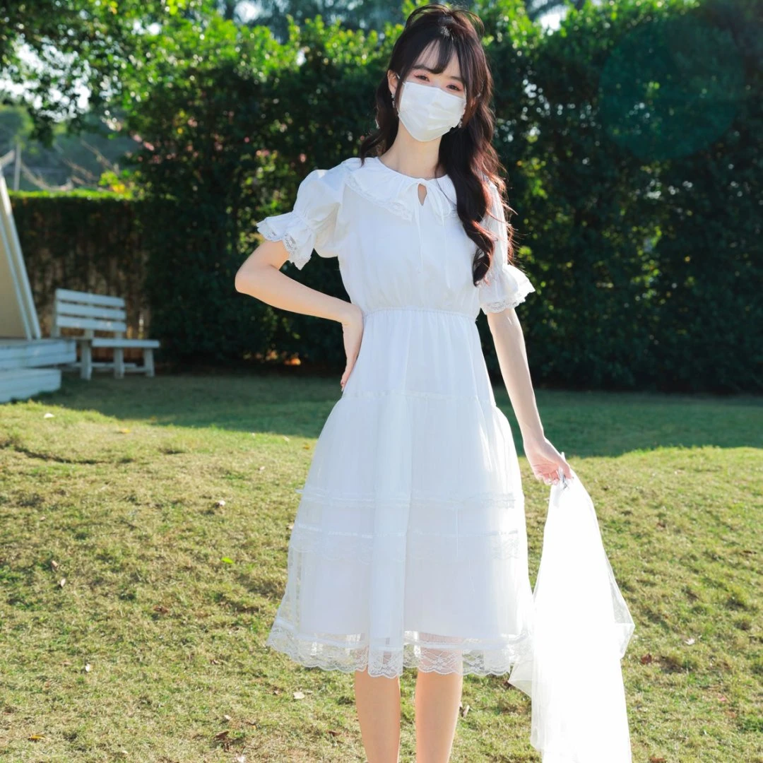 花崎鹿原创慕斯水仙短袖版连衣裙重工蕾丝轻婚纱白月光长裙温柔风