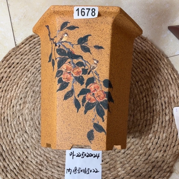 紫砂花盆  柴烧柿柿如意彩绘六方1678