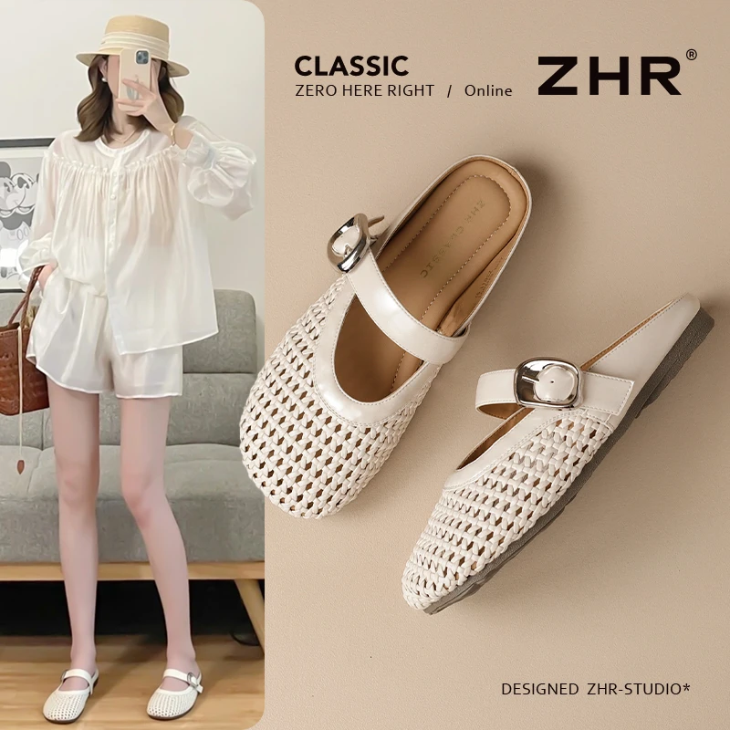 ZHR/则则平底半拖鞋女2025新款外穿镂空包头凉鞋时尚软底穆勒拖鞋