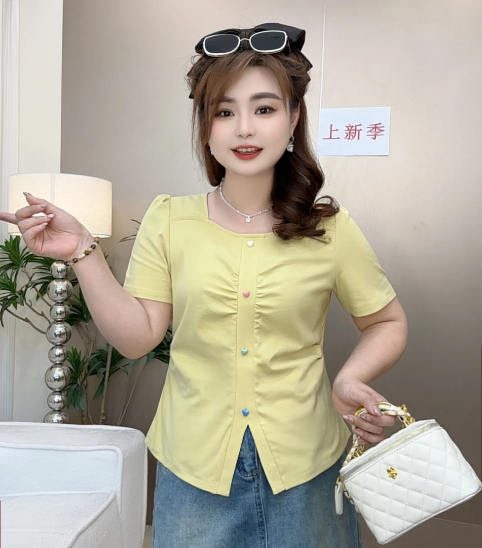 胖mm韩版显瘦彩色爱心法式方领减龄洋气2025夏季大码女短袖上衣T