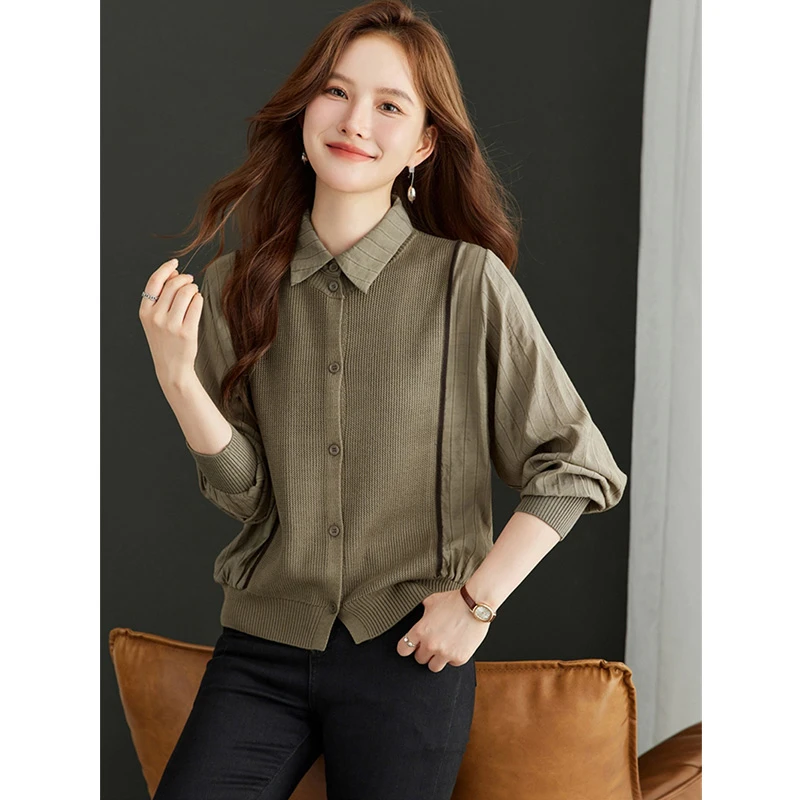 百搭外穿条纹翻领拼接长袖针织衫女2025春秋新款时尚减龄宽松上衣