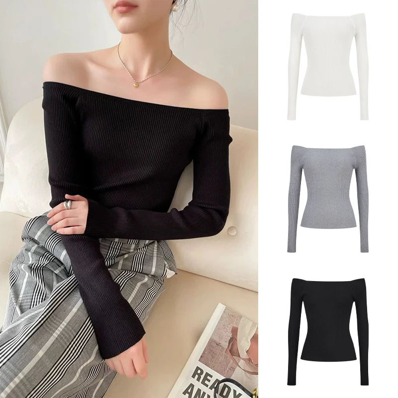 Moses Queen/魔西女王秋冬新款一字领露肩螺纹针织衫打底内搭上衣