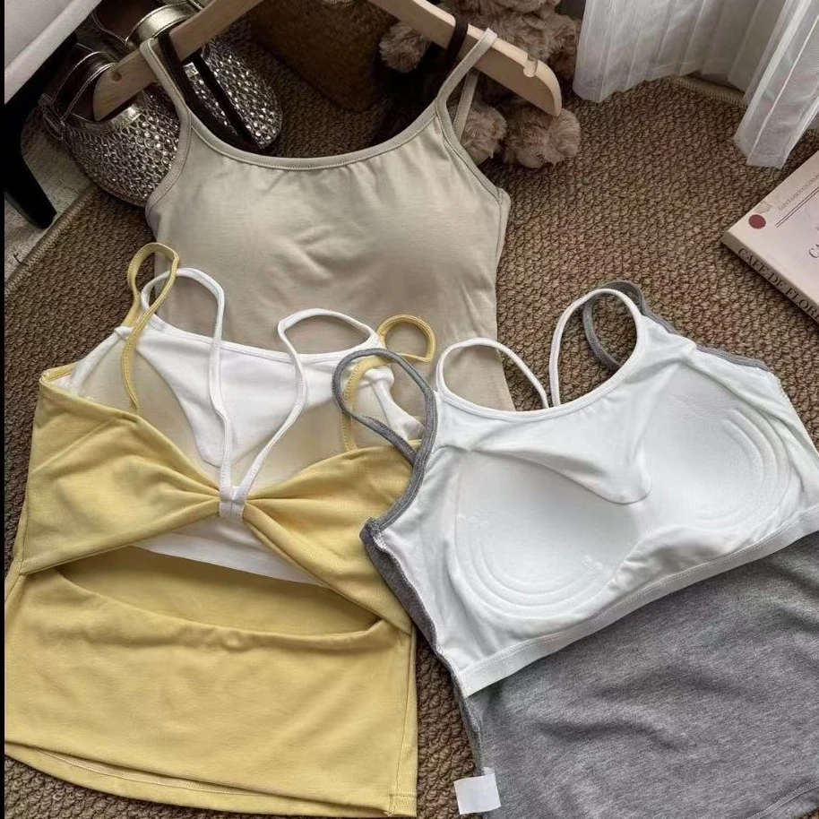 韩版辣妹拼接撞色假两件吊带背心女内搭带胸垫美背修身吊带背心E