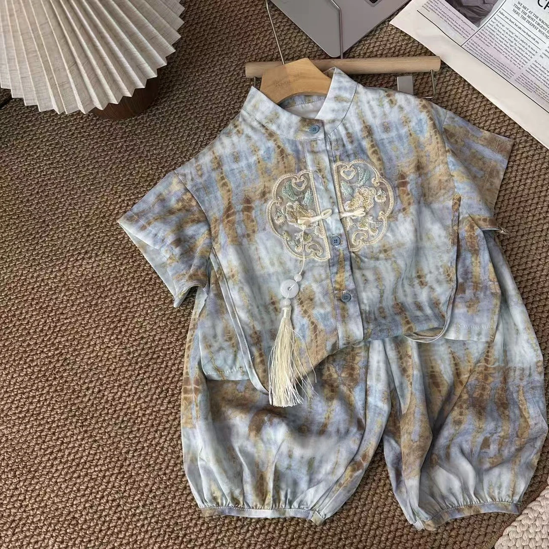 A4762男女童时尚潮流休闲百搭夏季中式国风短袖长裤套装