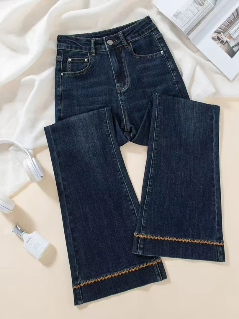 深蓝色微喇牛仔裤女2025年秋季新款小个子显瘦高腰刺绣弹力九分裤