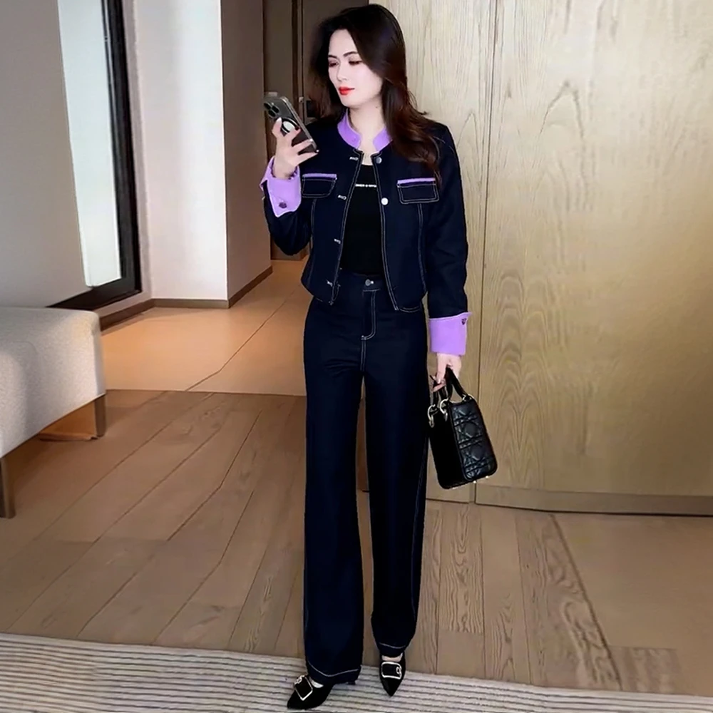 时尚牛仔套装女春季新款洋气显瘦撞色拼接短外套高腰阔腿裤两件套