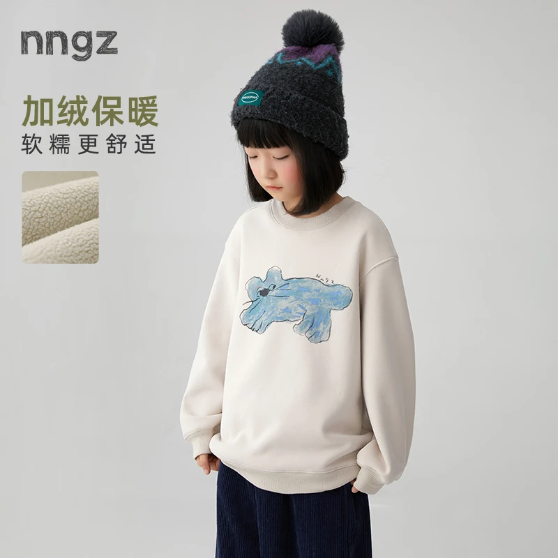 NNGZ女童玩偶印花加绒卫衣秋冬季长袖保暖儿童套头衫童装百搭上衣