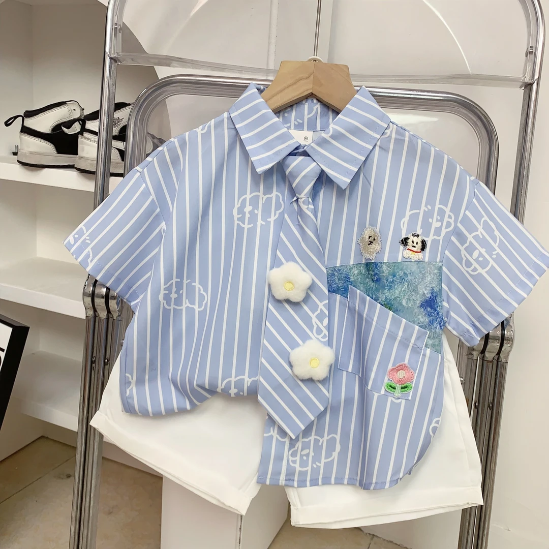 儿童夏款韩版领带衬衫套装男童薄款透气短袖衬衫短裤潮童时尚洋气