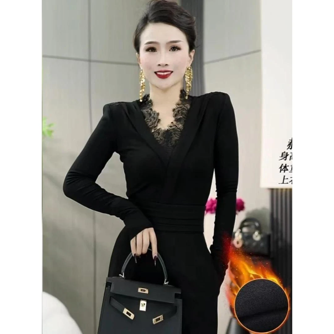 法式小众时髦拼接花边v领加绒长袖T恤女2025冬季新款通勤显瘦上衣