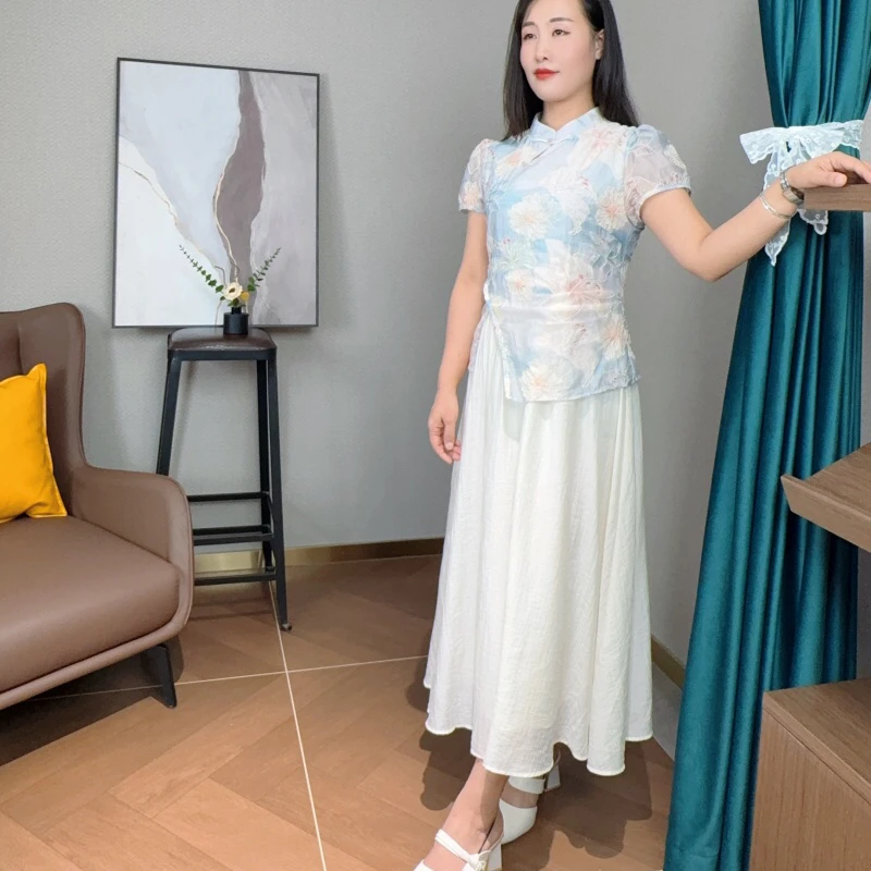 新中式连衣裙女夏季2025复古气质国风印花假两件改良旗袍裙子098