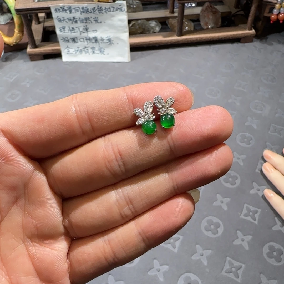 银S925镶嵌翡翠耳饰翡翠危料