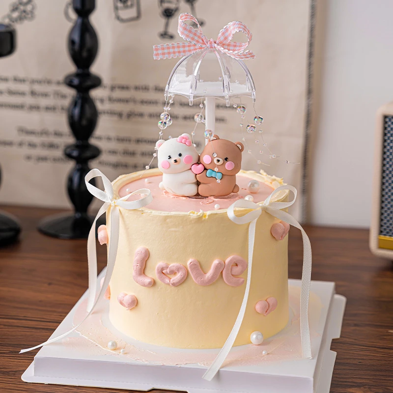 七夕情人节情侣小熊蛋糕装饰炫彩透明小雨伞情侣表白节日烘焙装扮