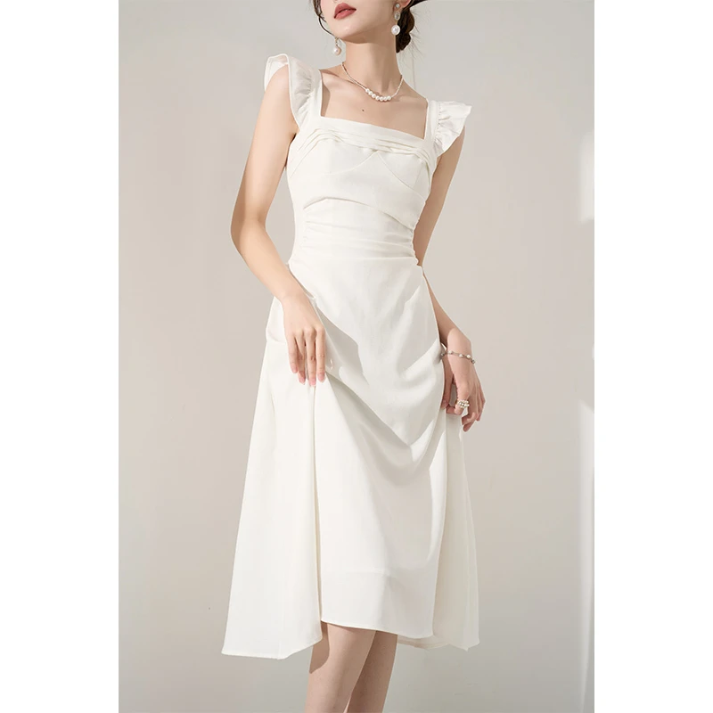 JOVKATTI法式白色飞袖连衣裙女2025漂亮气质显瘦高级感领证小白裙