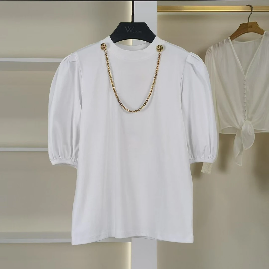 麦迪尚品【白LY】50407317链条装饰纯色短袖T恤夏季女装专柜正品
