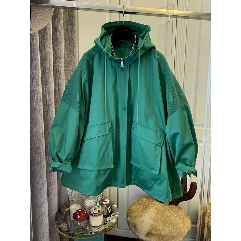 7949春秋新款宽松显瘦时尚休闲绿色连帽外套复古百搭拼接风衣女潮