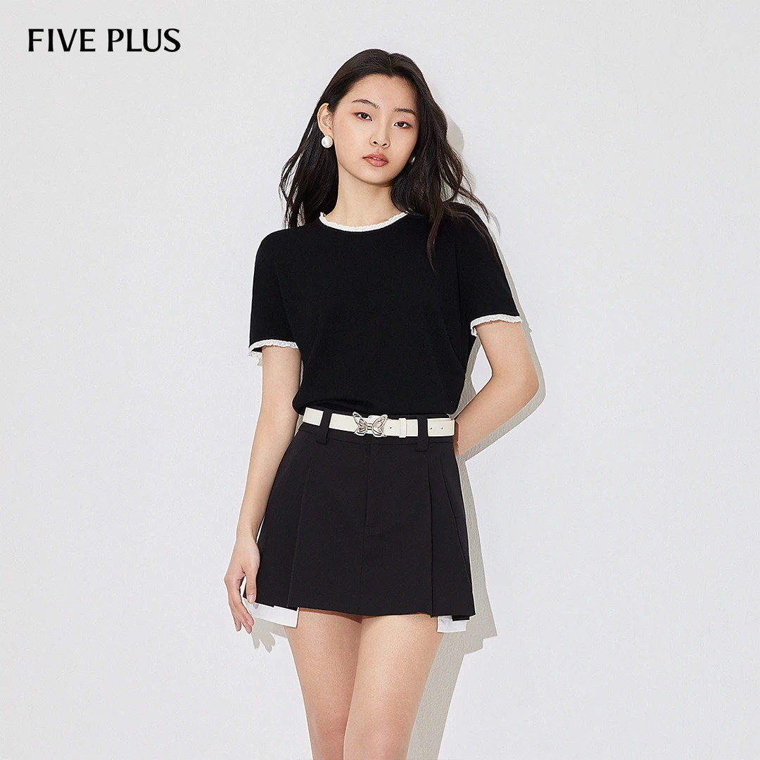 FIVE PLUS春装针织衫女格雷系上衣蕾丝花边短袖套头衫2LA1036430