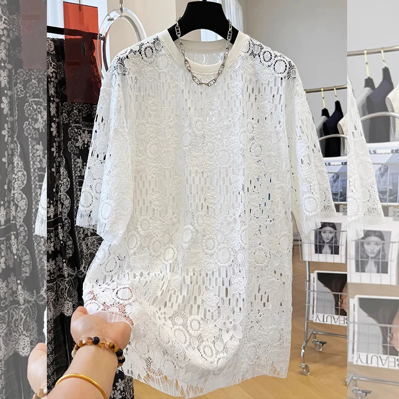 流行洋气蕾丝钩花设计感镂空短袖女大码雪纺衫宽松显瘦夏季新轻奢