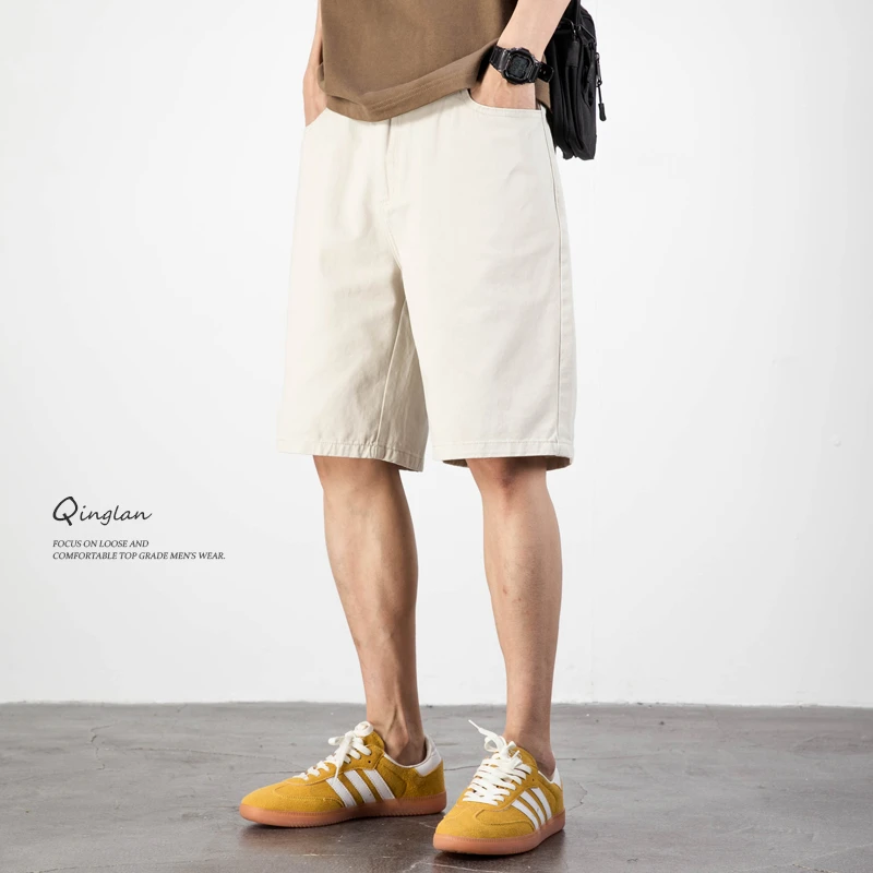 米白色休闲短裤男宽松大码潮流简约高端纯棉直筒五分裤夏季薄款