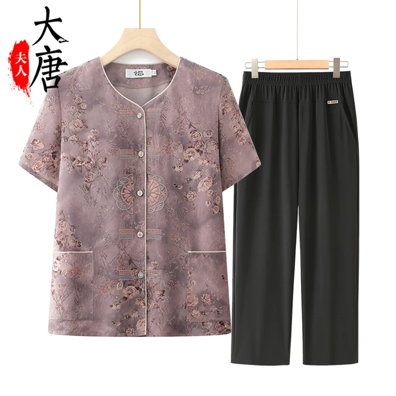 【大唐夫人】奶奶夏季衬衫中老年夏装短袖套装老太太国风衬衫2705