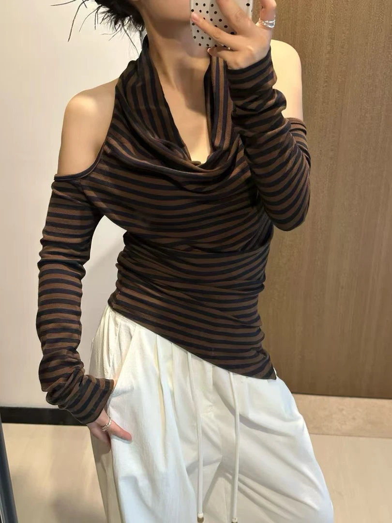 【7919】DM#设计感时尚露肩镂空修身上衣