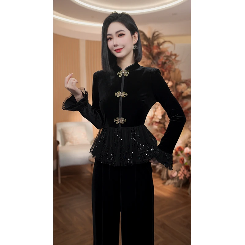 格娜2025新款秋季新中式小立领蕾丝拼接品质女装原创重工国风套装