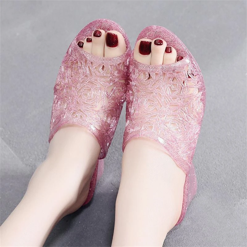 拖鞋女水晶高跟防滑透气防臭塑料一字凉拖鞋适合沙滩外穿居家女拖