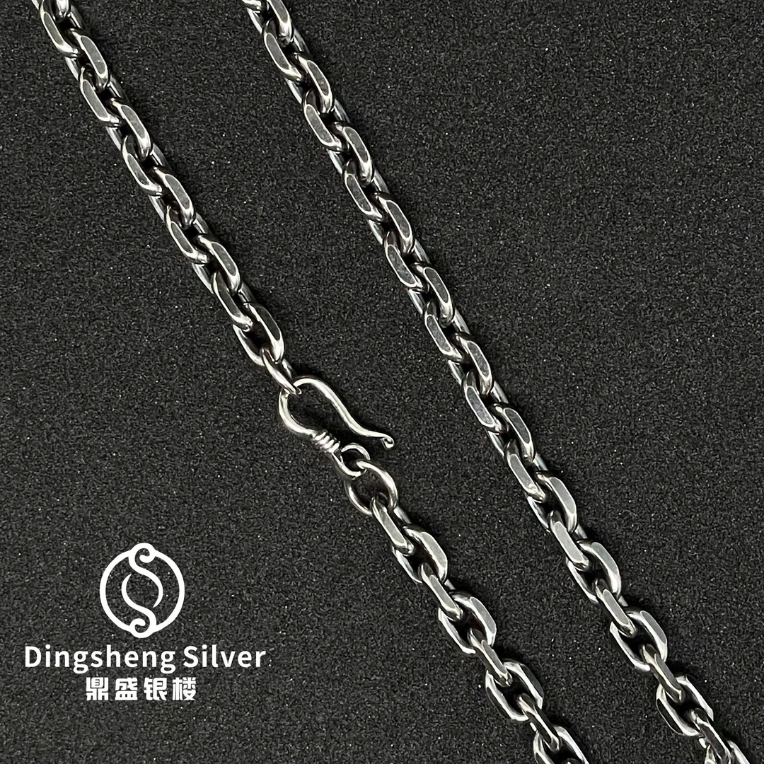 链子925银 项链5MM十字太角项链大气时尚经典百搭毛衣链中古做旧