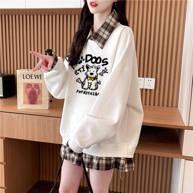 300斤大码韩系简约假两件Polo领卫衣男女春秋季撞色格子套头上衣