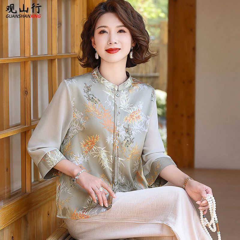 妈妈夏装2025新款国风小衫洋气时尚七分袖上衣中老年女装夏季T恤