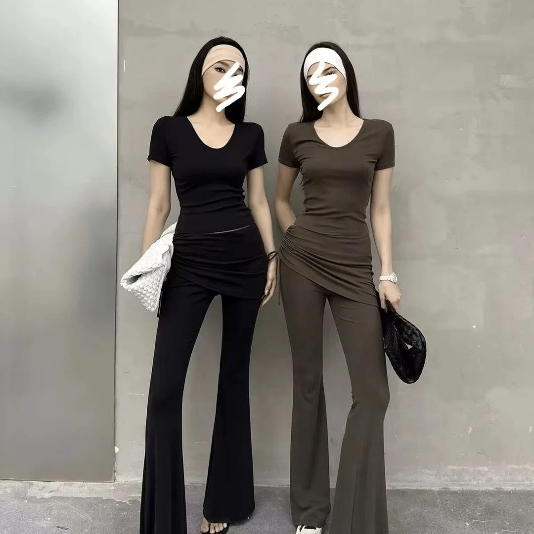 【现货】2025夏季新款酷飒休闲显瘦上衣修身微喇裤假两件屁帘套装女