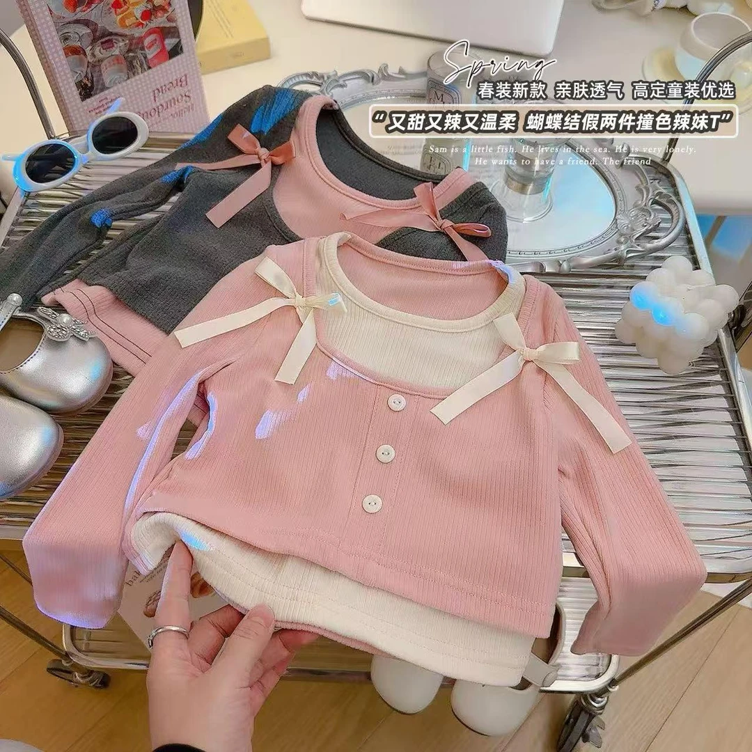 2025秋季新款女童甜美假两件打底衫蝴蝶结T恤可爱弹力柔软打底衫
