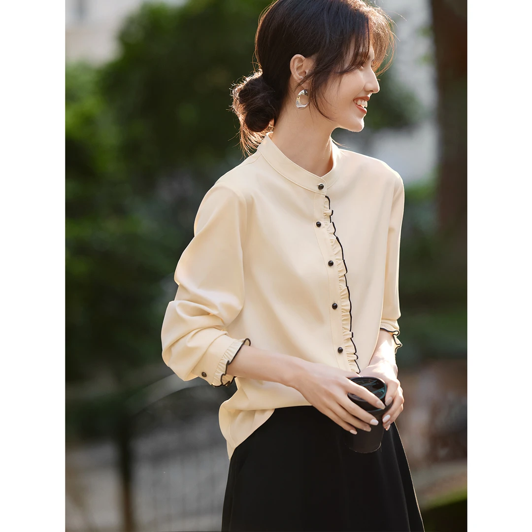 XWI/欣未优雅气质木耳边撞色衬衫2025秋季新款时尚百搭设计感衬衣