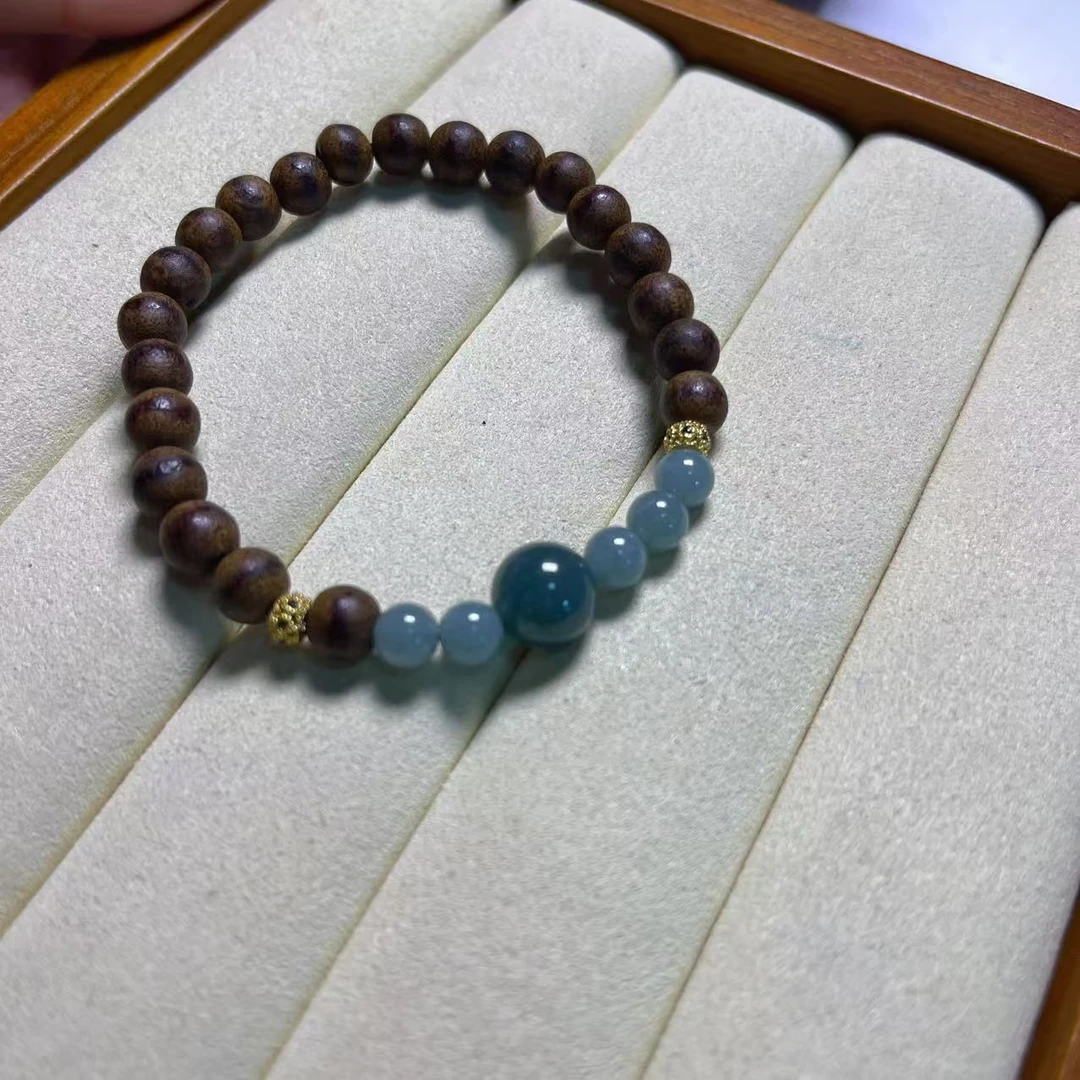 檀木一线沉沉配蓝水翡翠手串FZ123015