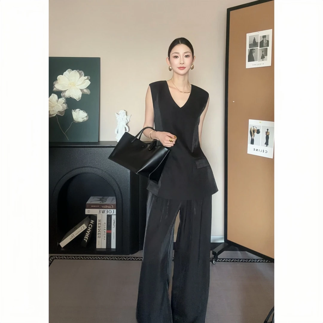 天丝醋酸夏季薄款套装无袖背心上衣+阔腿长裤气质高级感两件套