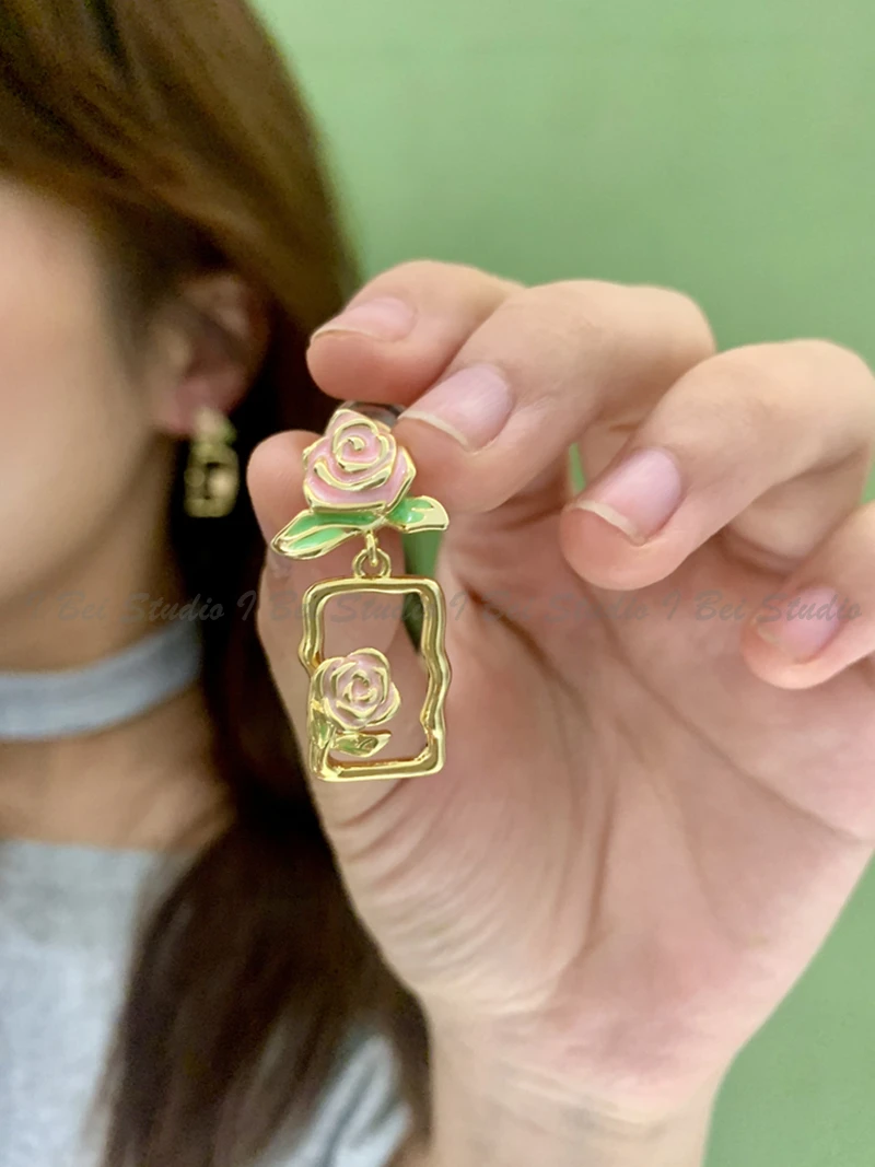 铜合金耳饰 粉色玫瑰～莫奈花园油画滴釉花朵女蚊香盘耳夹气质耳钉