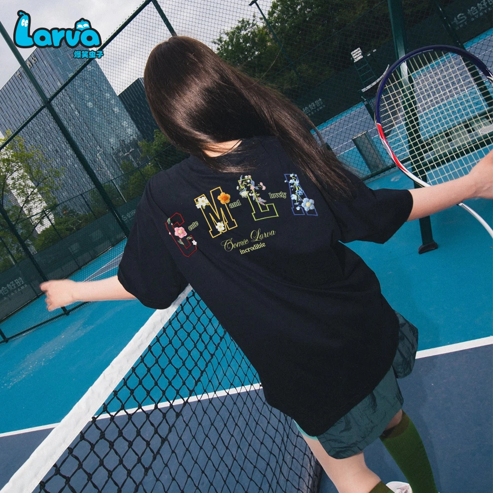 LARVA/爆笑虫子DIY花朵可拆卸纯棉短袖男高级感美式宽松休闲T恤女