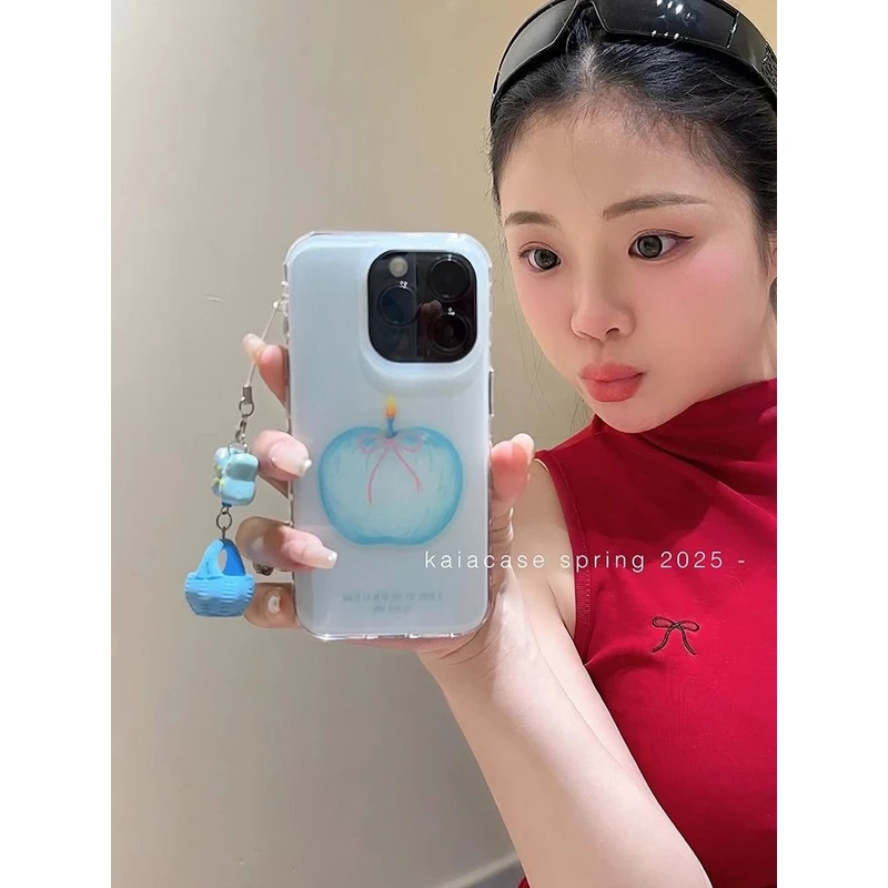 ins油画蓝苹果挂件适用iPhone16苹果15promax手机壳13/14韩女12套