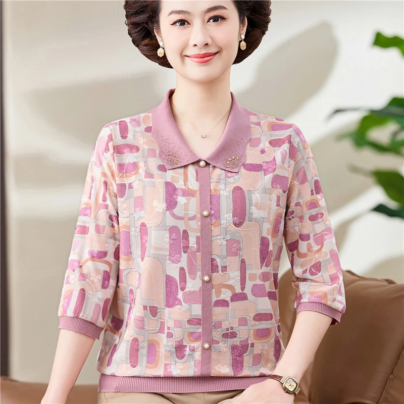 妈妈装春夏新款七分袖上衣翻领冰丝t恤女中老年人春夏季洋气小衫