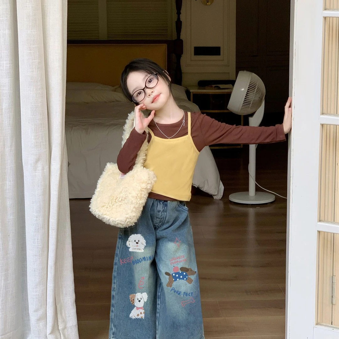 女童吊带打底衫两件套T恤2025秋季新款儿童卡通印花牛仔裤套装潮
