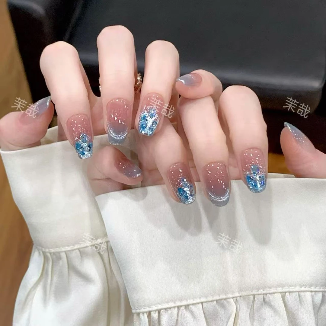 茉哉现货【深海蓝】纯手工定制美甲拆卸穿戴甲A3971