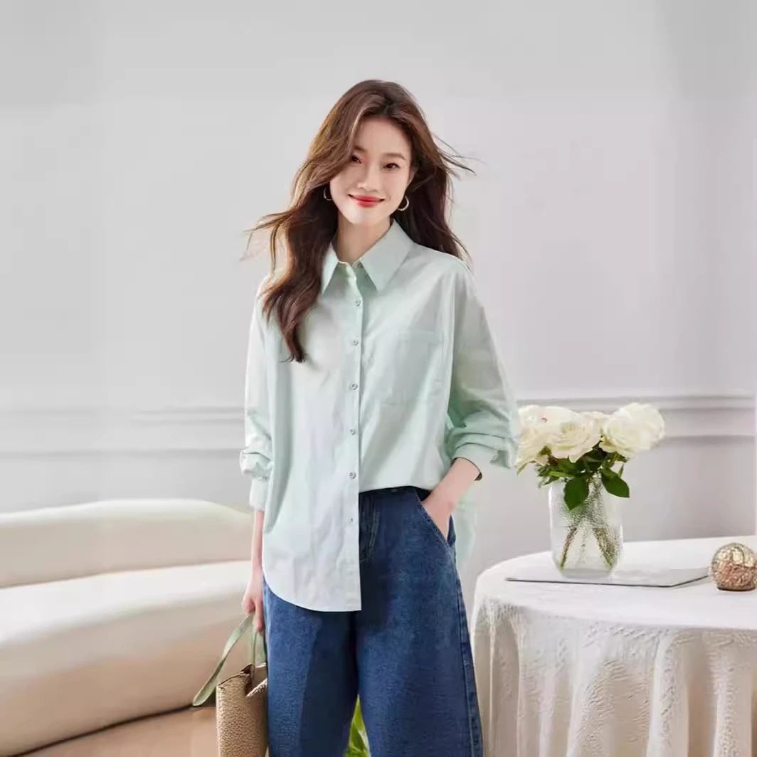 新品纯色宽松衬衫上衣牛仔衬衣翻领百搭女士衬衫大版女衬衫