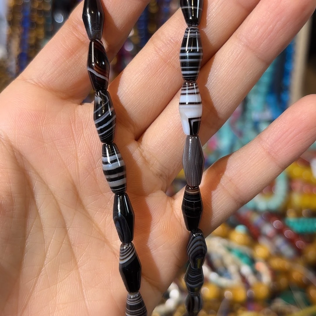 玛瑙/玉髓银S925镀金镶嵌珠宝半成品黑玛瑙蚕丝6-14一条